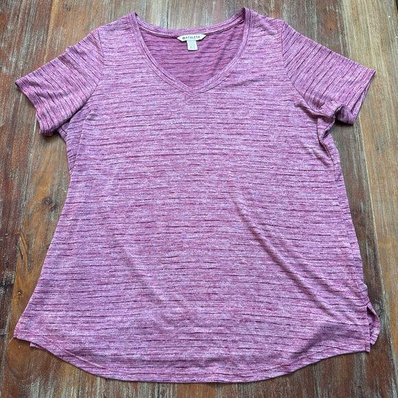 Athleta Tops - Athleta Heathered Pink Purple Stripe Breezy Scoop V-Neck Tee Short Sleeve XL